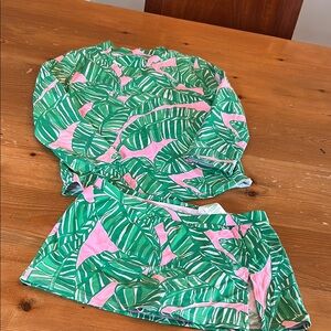 Green and Pink Leaf Print Bathing Suit Set